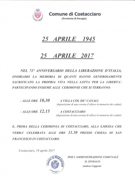Celebrazioni 25 aprile 2017 - programma